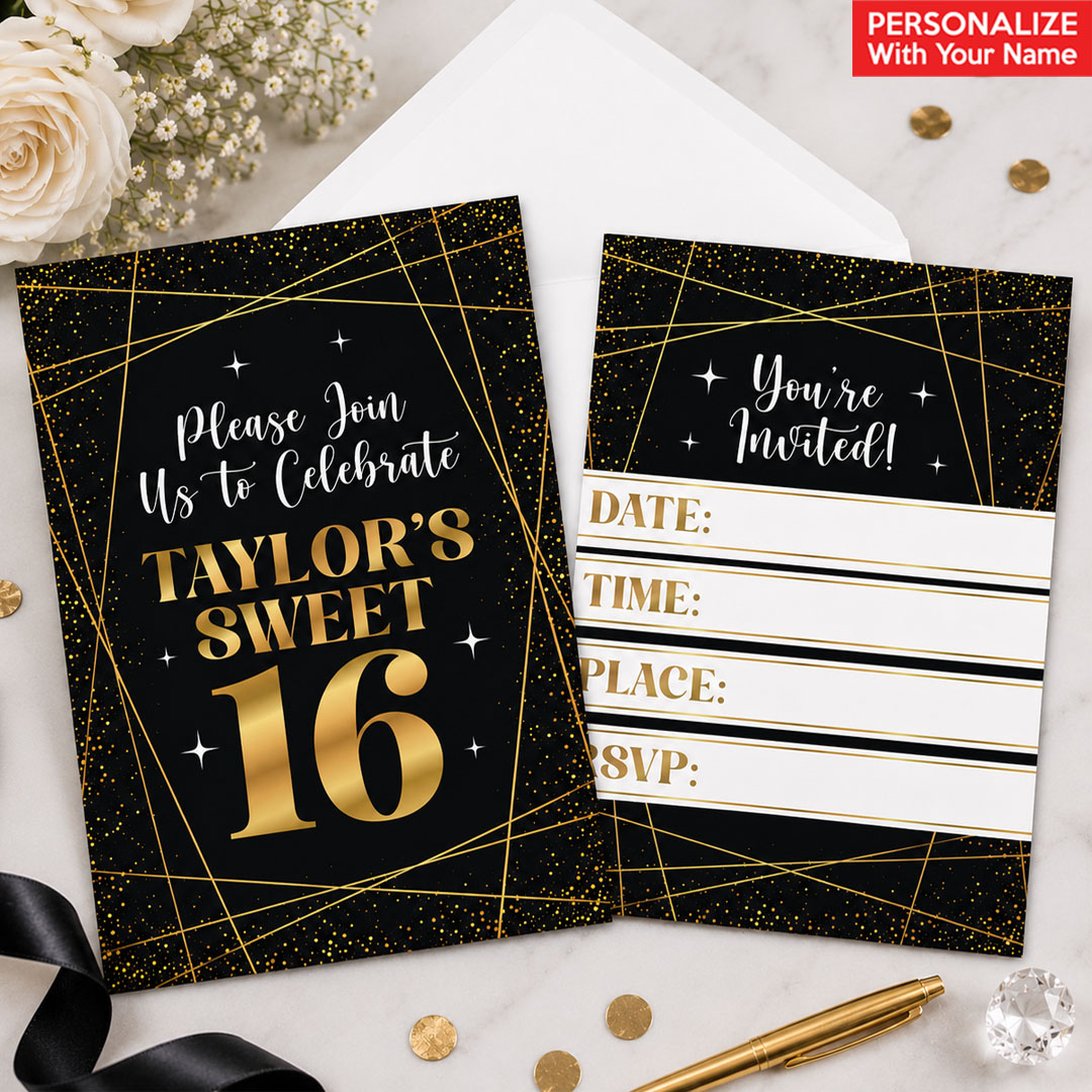 Sweet 16 Black & Gold PERSONALIZED Invitations - 8 Pk