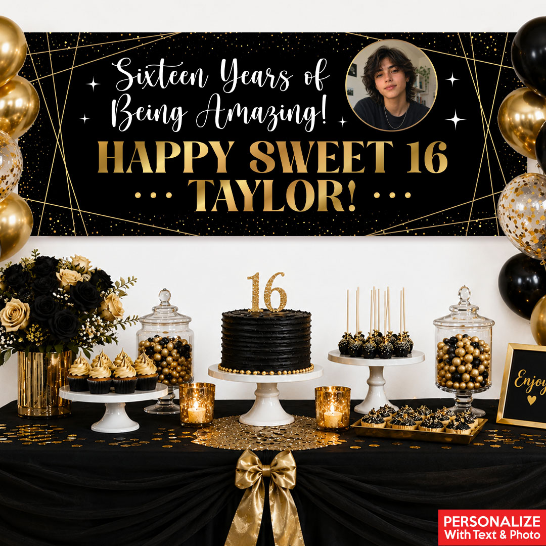 Sweet 16 Black & Gold PERSONALIZED PHOTO Giant Vinyl Keepsake Banner