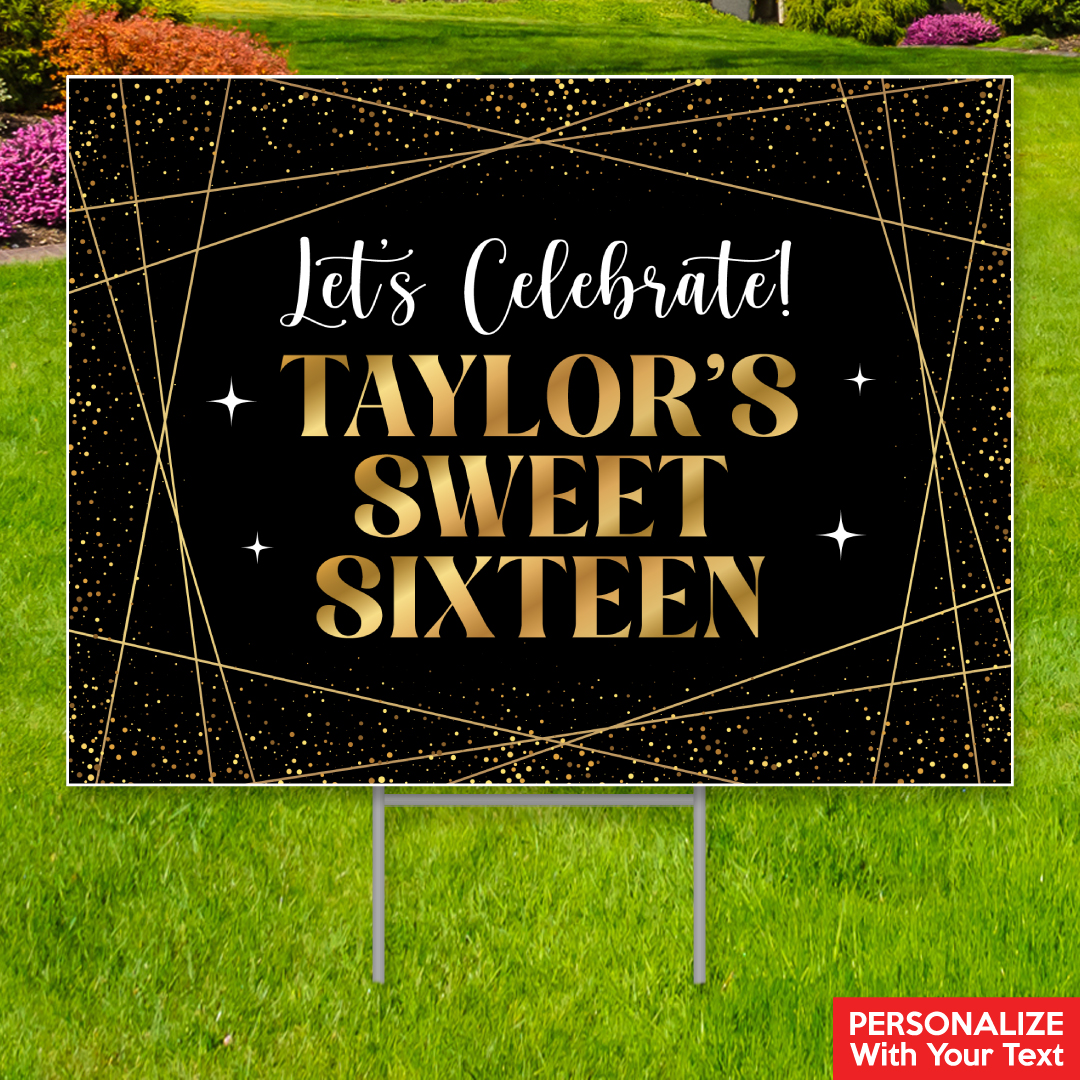Sweet 16 Black & Gold All Weather PERSONALIZED Yard Sign