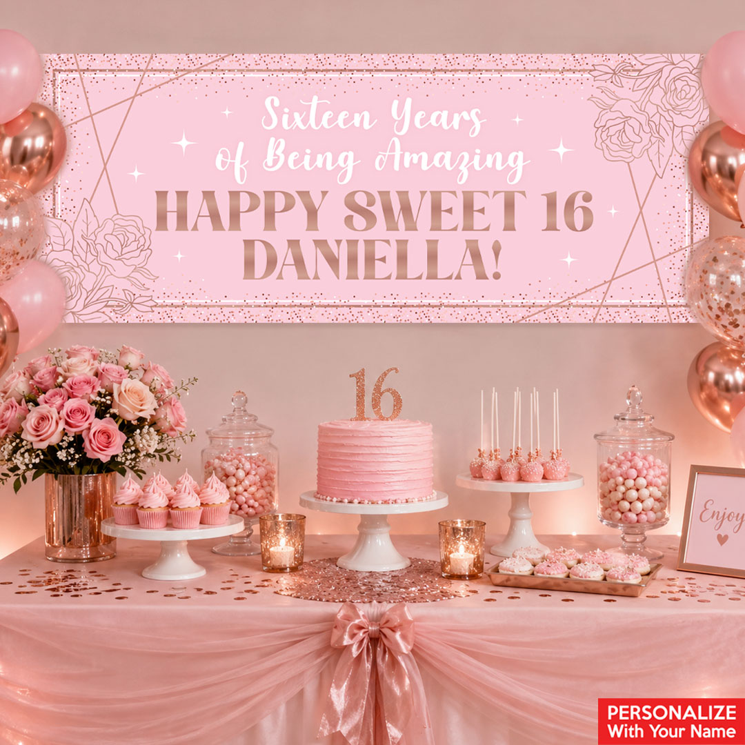 Sweet 16 Pink & Rosegold PERSONALIZED Vinyl Keepsake Banner