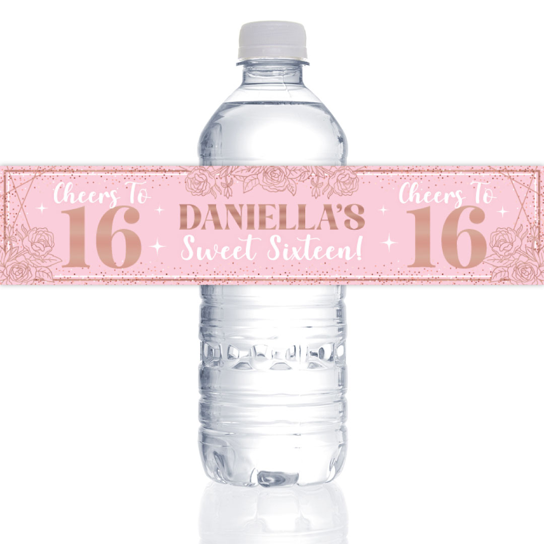 Sweet 16 Pink & Rose Gold PERSONALIZED VINYL Bottle Labels - 10 PK