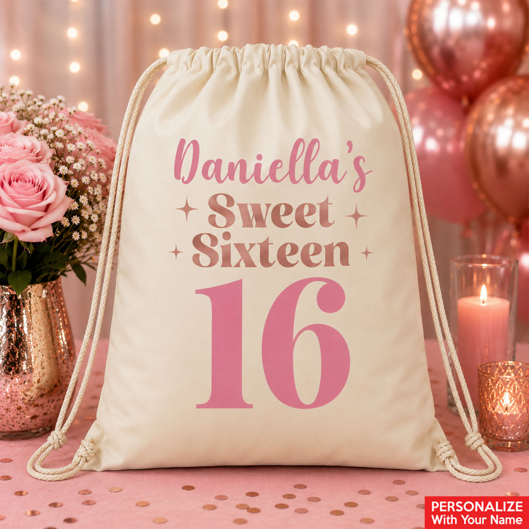 Sweet 16 Pink & Rose Gold Personalized Drawstring Backpack