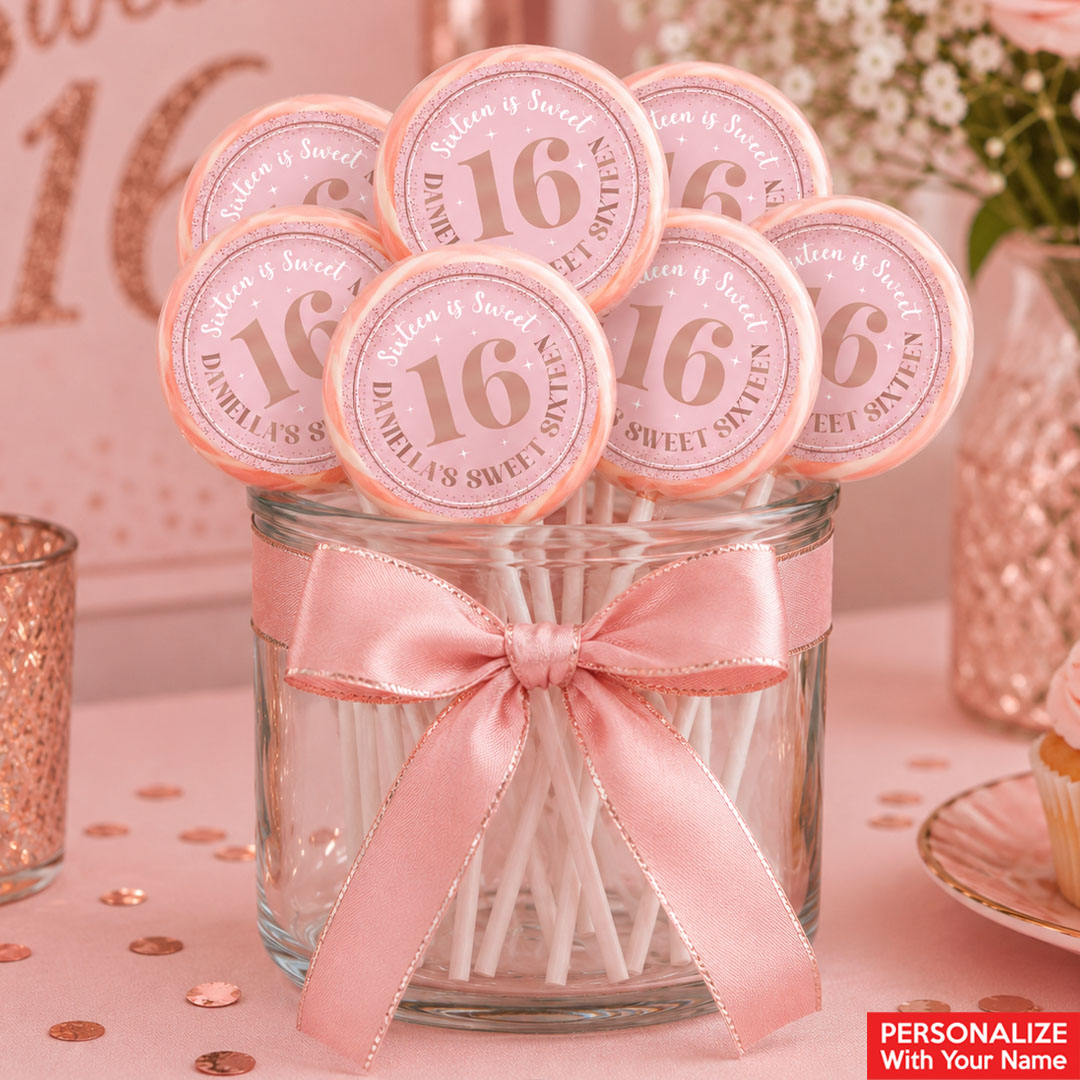 Sweet 16 Pink & Rose Gold PERSONALIZED Lollipops - 12 Pk