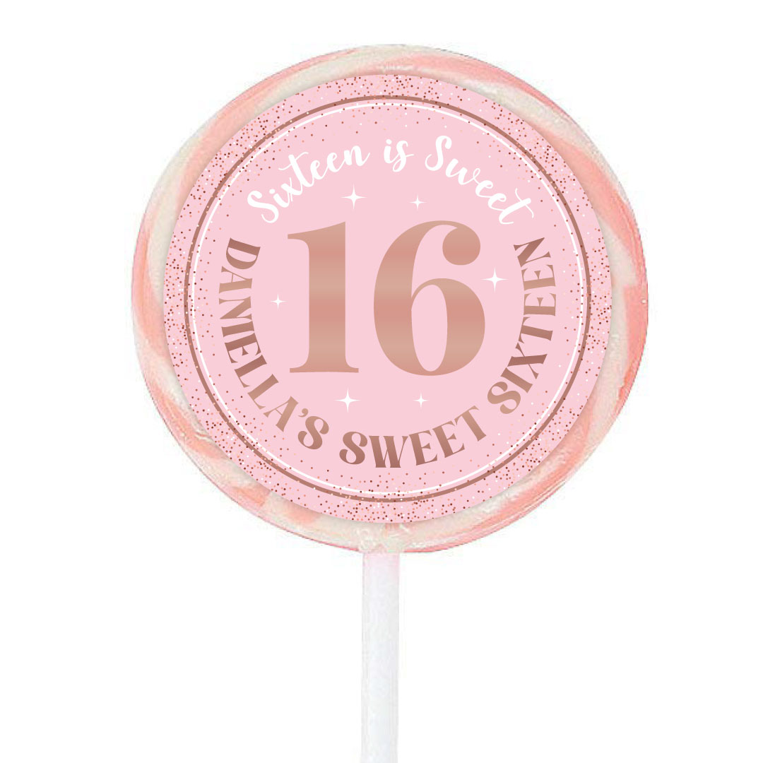 Sweet 16 Pink & Rose Gold PERSONALIZED Lollipops - 12 Pk