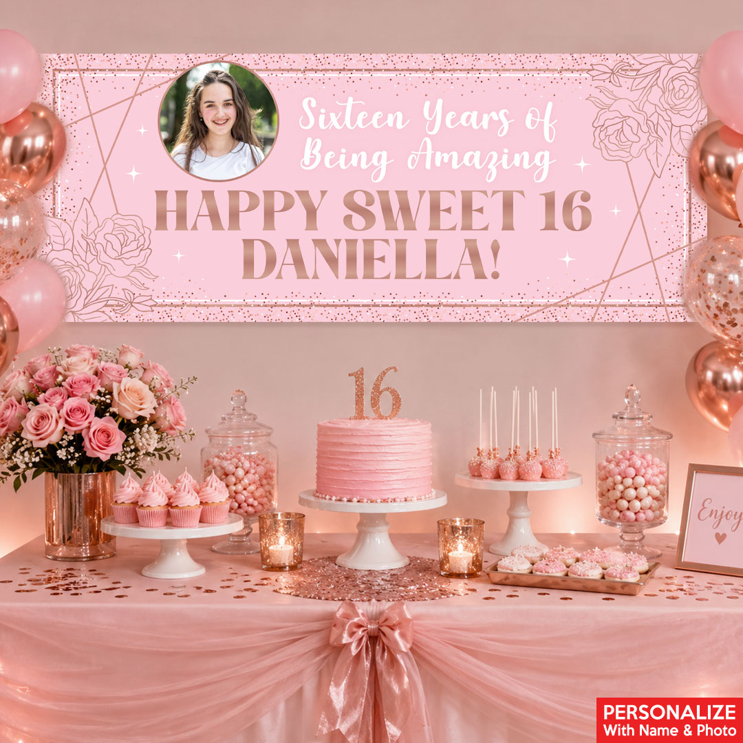 Sweet 16 Pink & Rose Gold PERSONALIZED Giant Vinyl Photo Banner