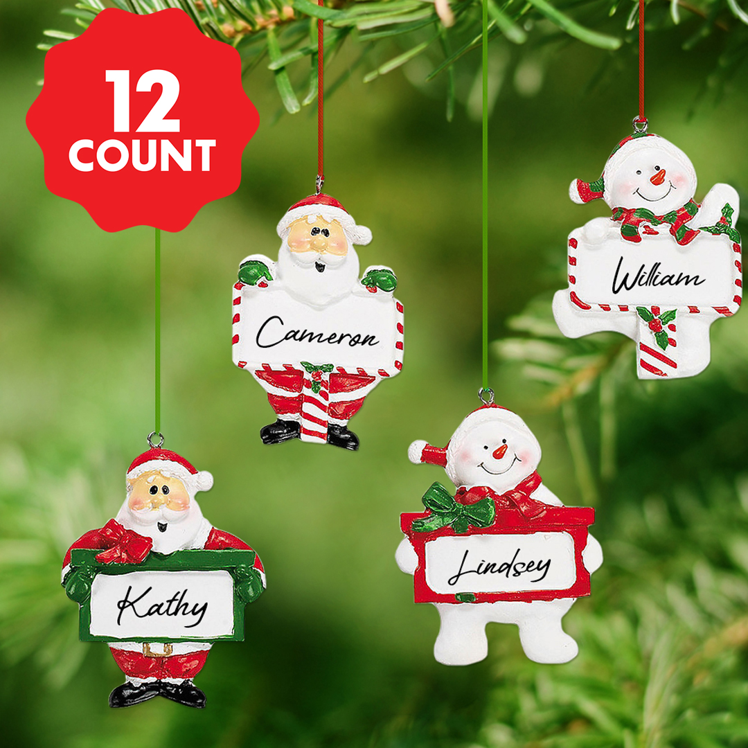 Santa & Snowman Add a Name Hand Painted Ornaments 12 PK
