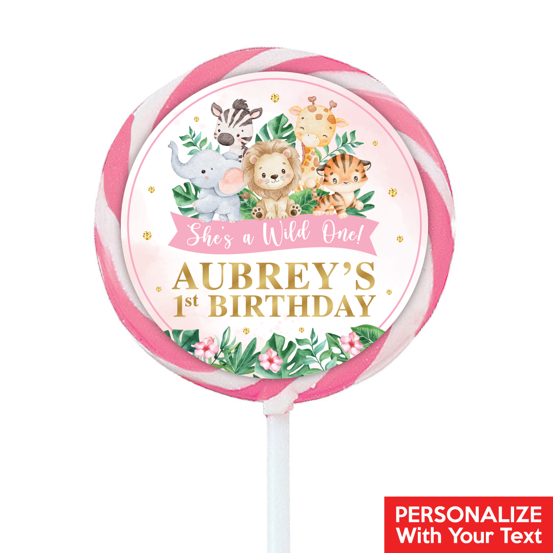 Wild One Safari Girl PERSONALIZED Lollipops - 12 Pk