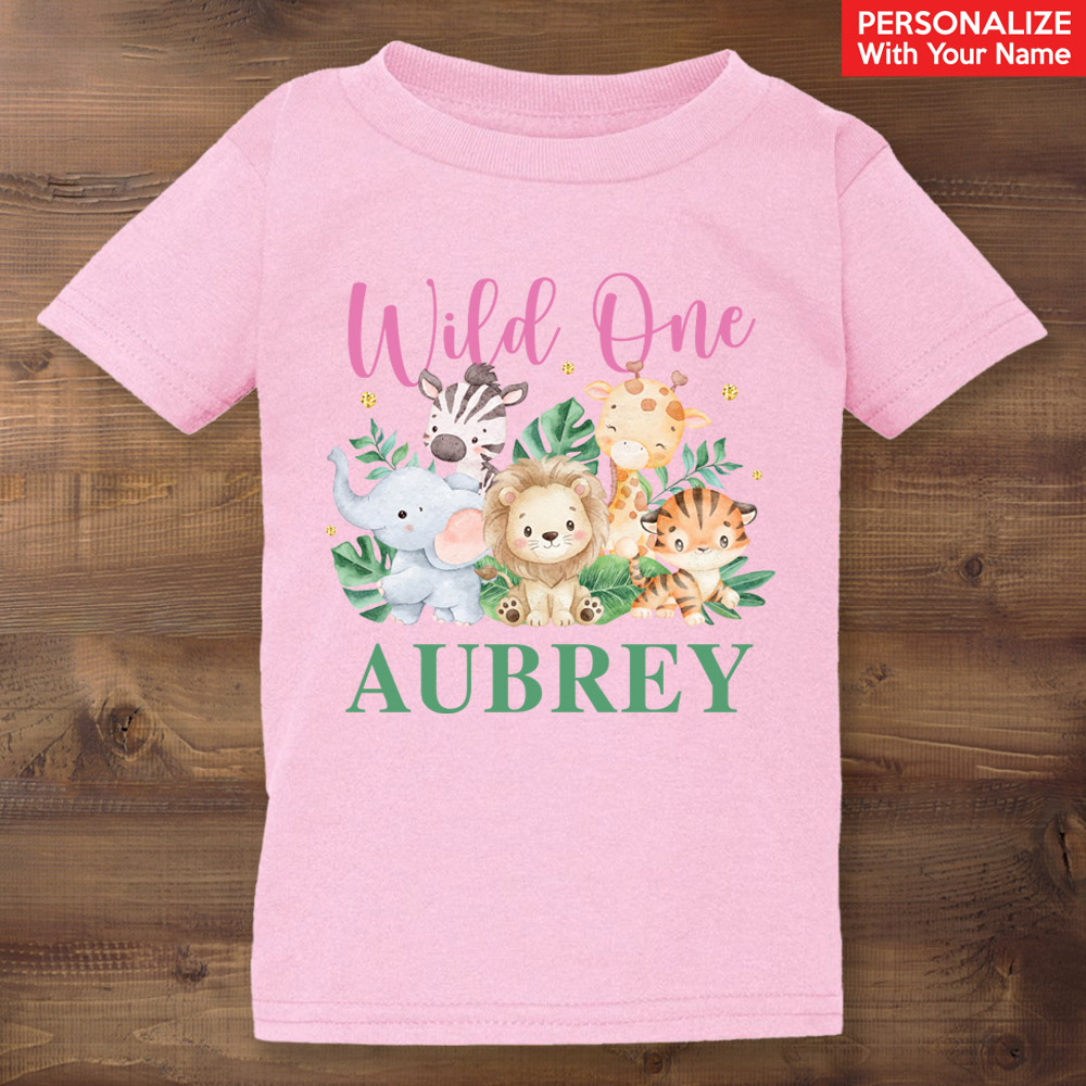 Safari Wild One Girl Personalized Light Pink T-shirt