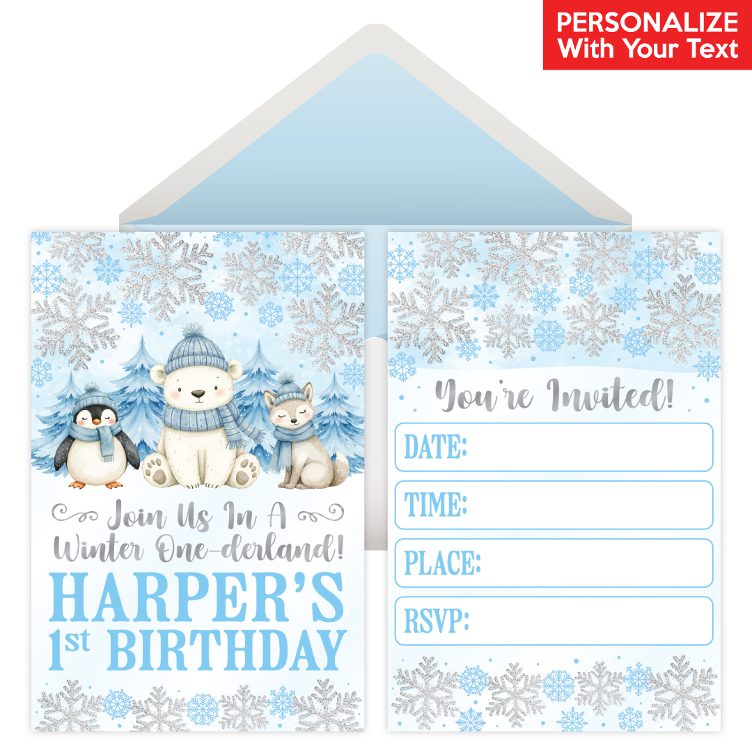 Winter Onederland Blue PERSONALIZED Invitations - 8 Pk