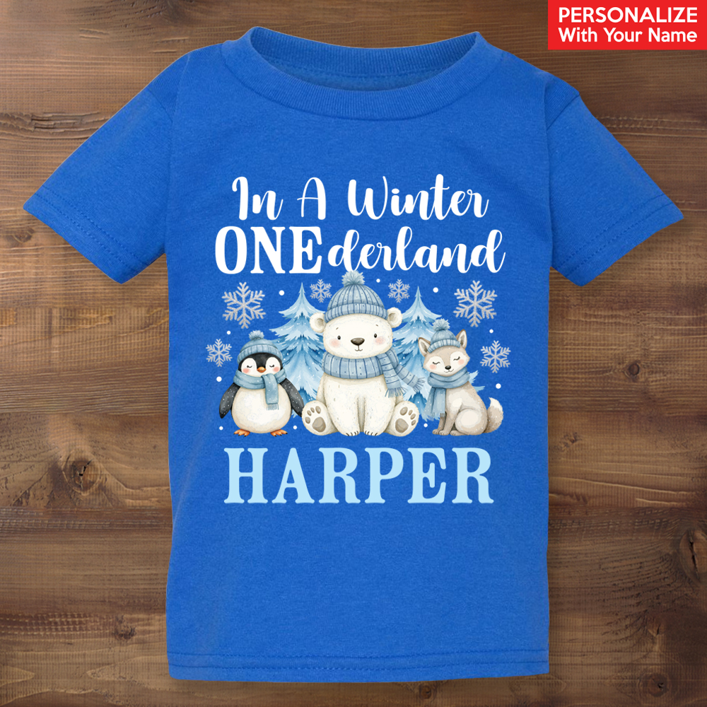 Winter Onderland 1st Personalized Name Blue T-shirt