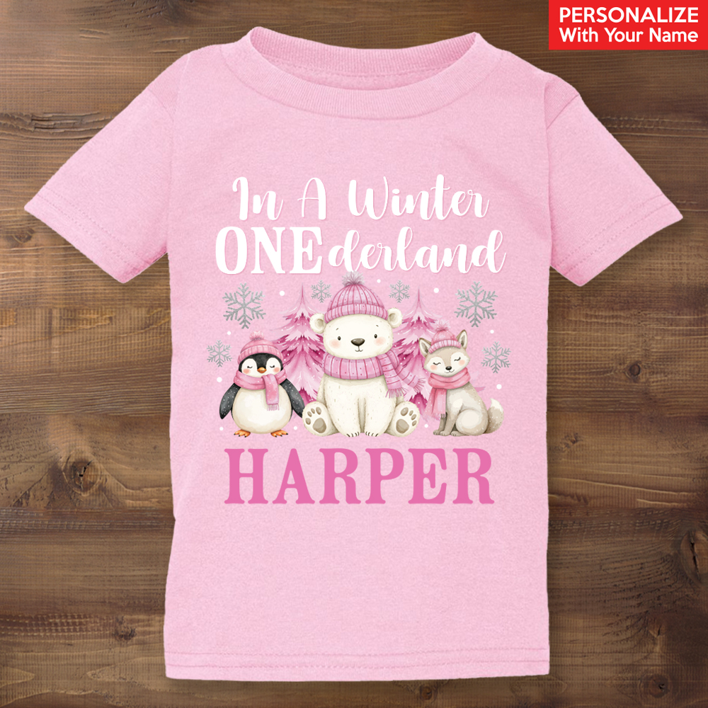 Winter Onderland 1st Personalized Name Pink T-shirt