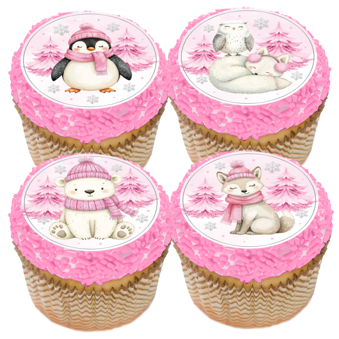 Winter Onederland Animals Pink Cupcake Icing Toppers 12pk