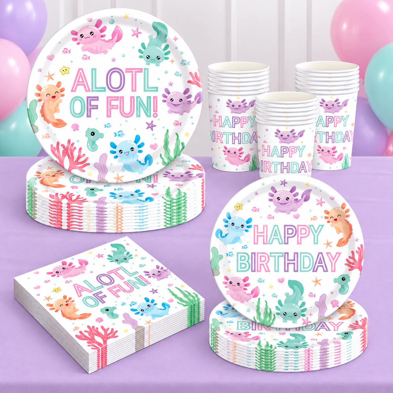 Alotl Fun Axolotl Birthday Tableware Kit for 10