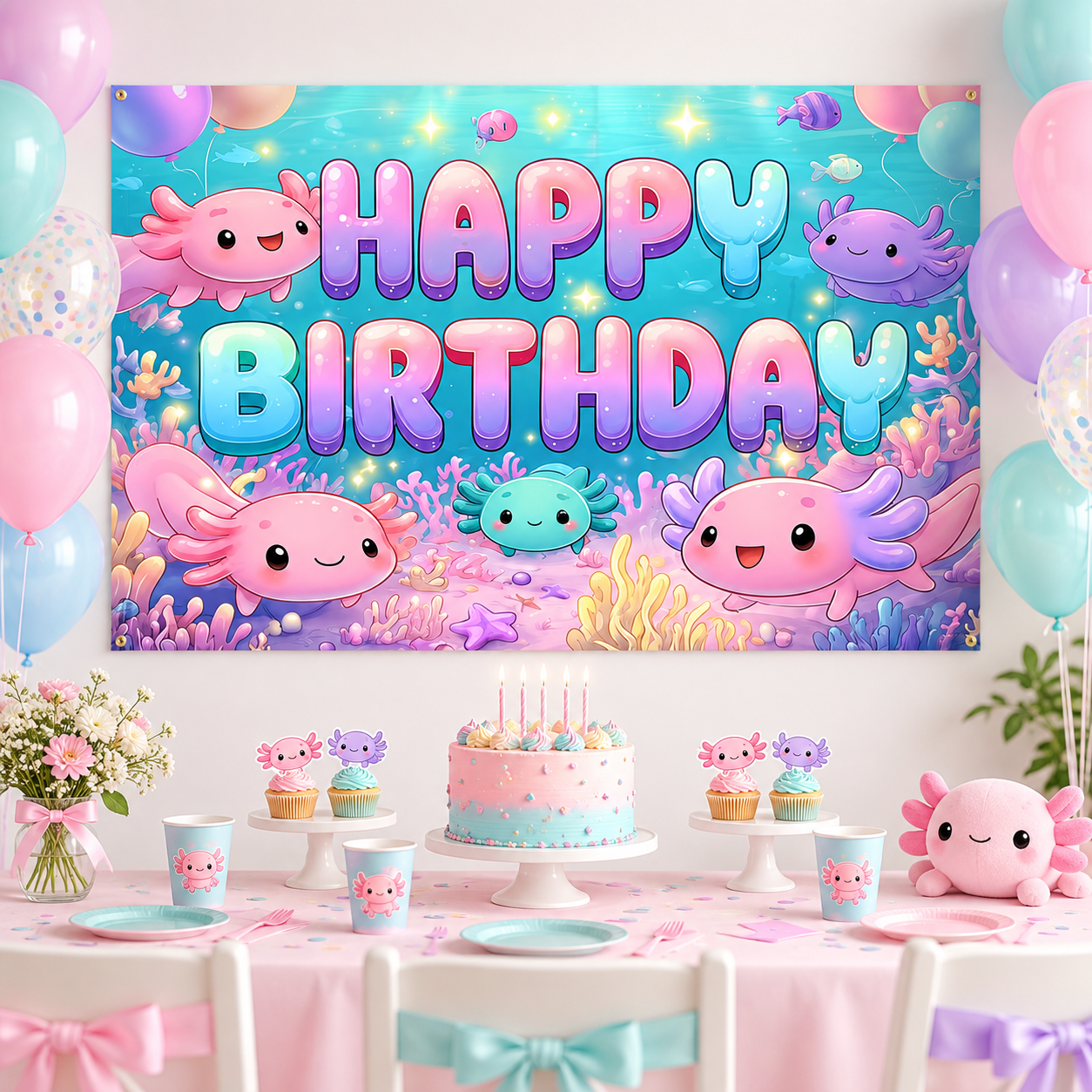 Axolotl Underwater Happy Birthday Fabric Backdrop 150cm x 130cm