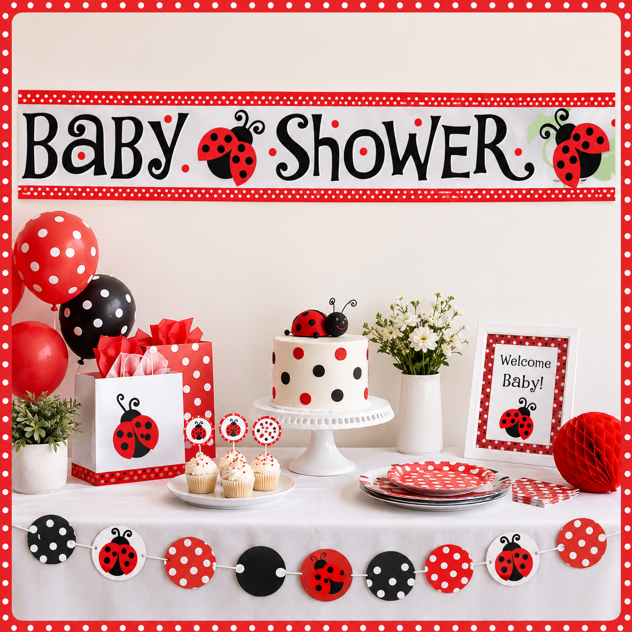 Ladybug Baby Shower Metallic Foil Banner - 12 Feet