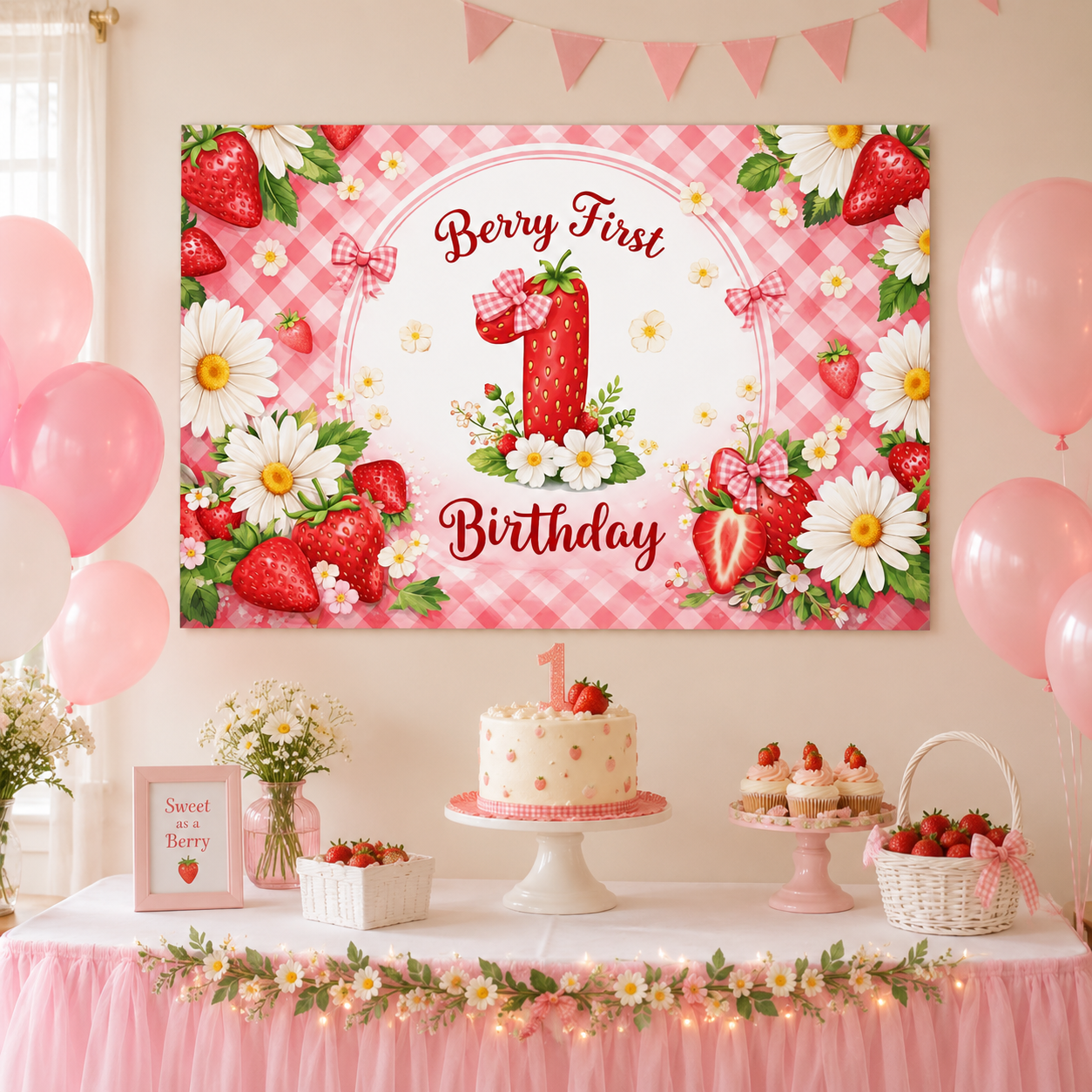 Berry 1st Birthday FABRIC Backdrop 150 x 100 cms