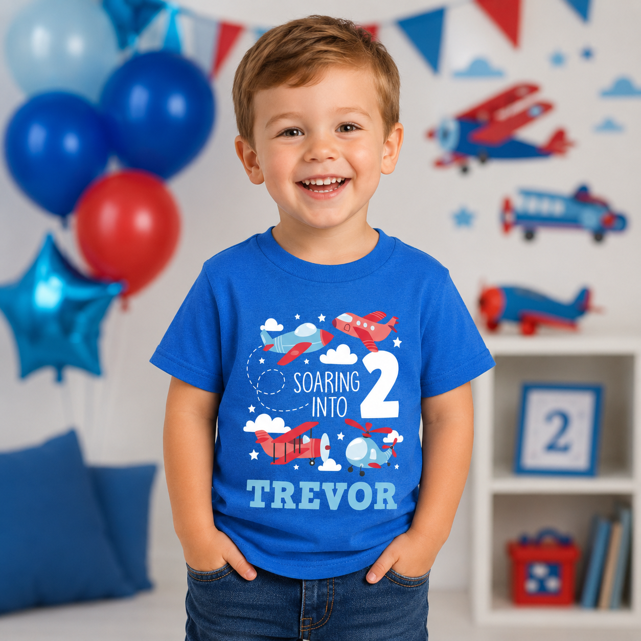 Airplane Soaring Personalized Name & Age Blue Shirt