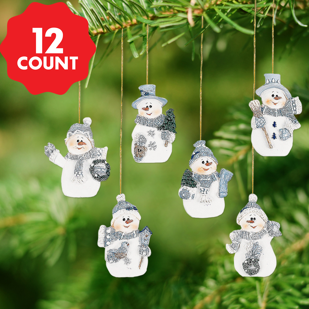 Blue Snowmen Hand Painted Ornaments - 12 Pack