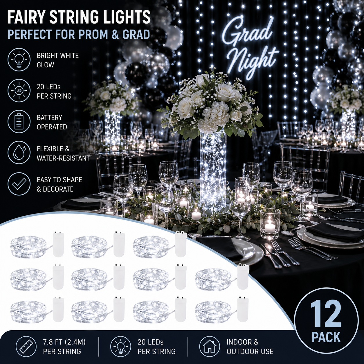 20 LED Bright White Battery-Operated Fairy Light Strings 12PK