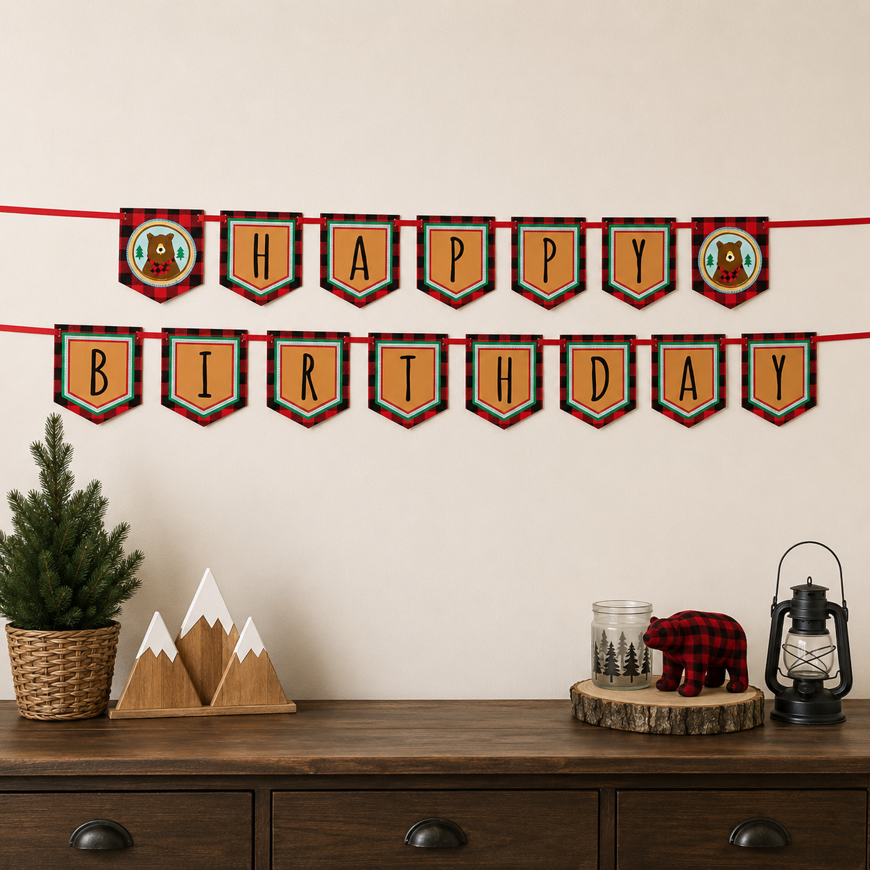 Woodland Animals Buffalo Plaid Happy Birthday Banner - 11FT