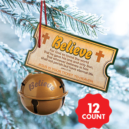 Believe Metal Bell Ornaments with Cards - 12 Pack