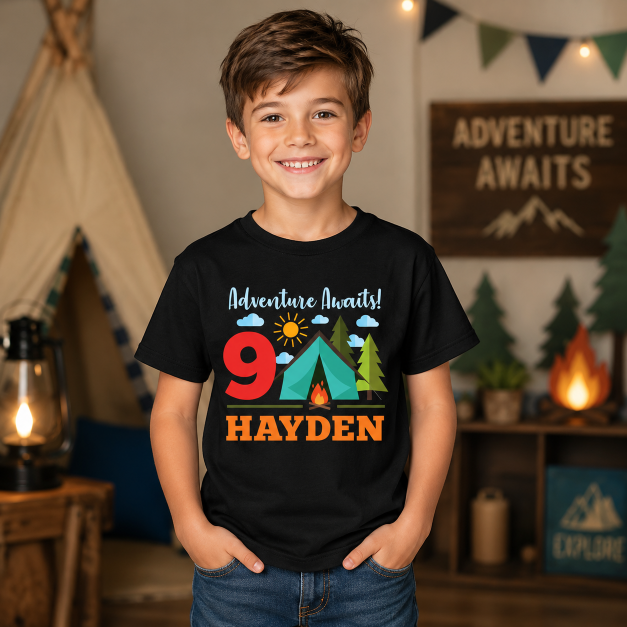 Camping Personalized Name & Age Black T-shirt
