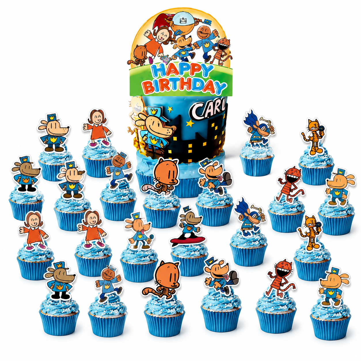 Dog Man Cake Topper and Cupcake Picks - 25pcs