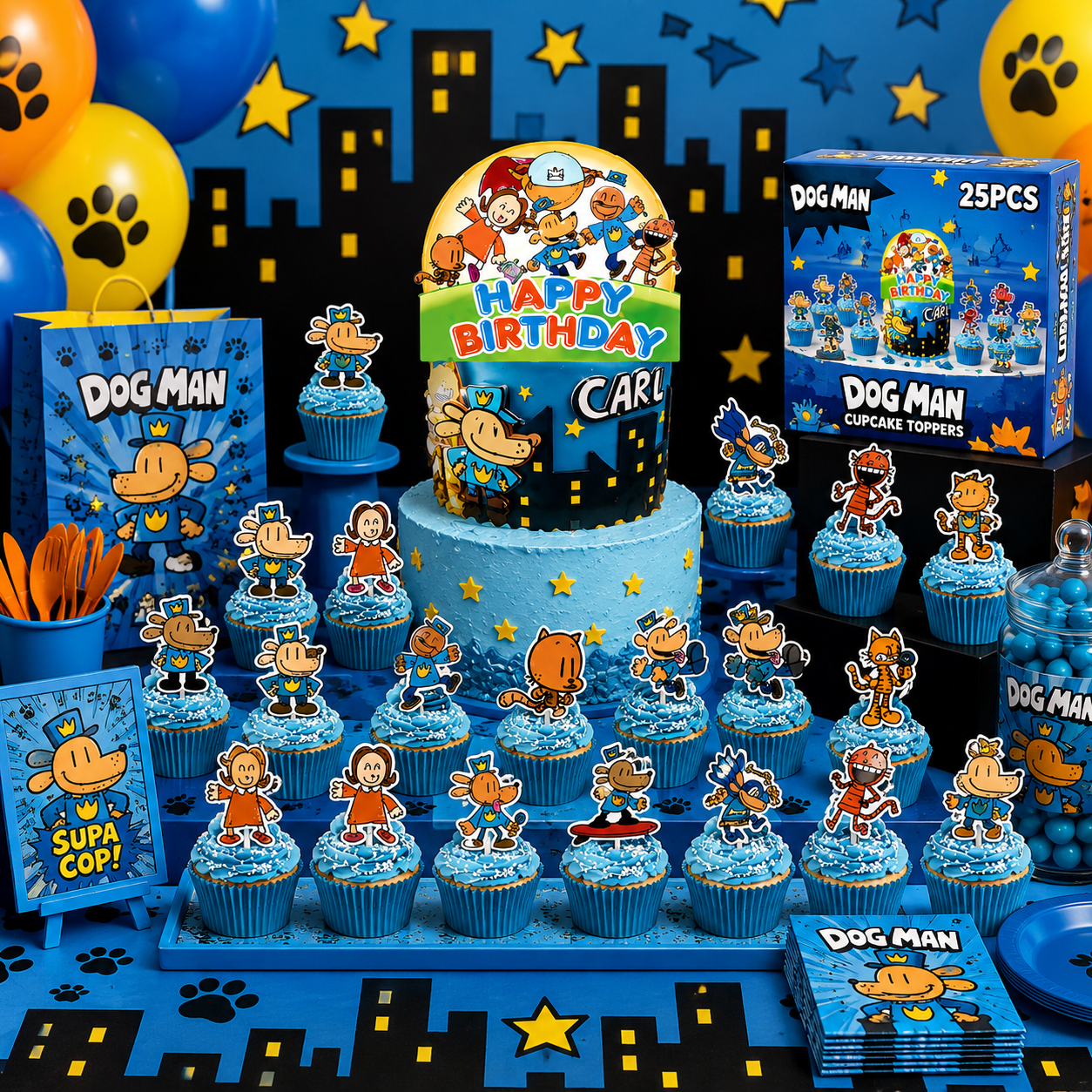 Dog Man Cake Topper and Cupcake Picks - 25pcs