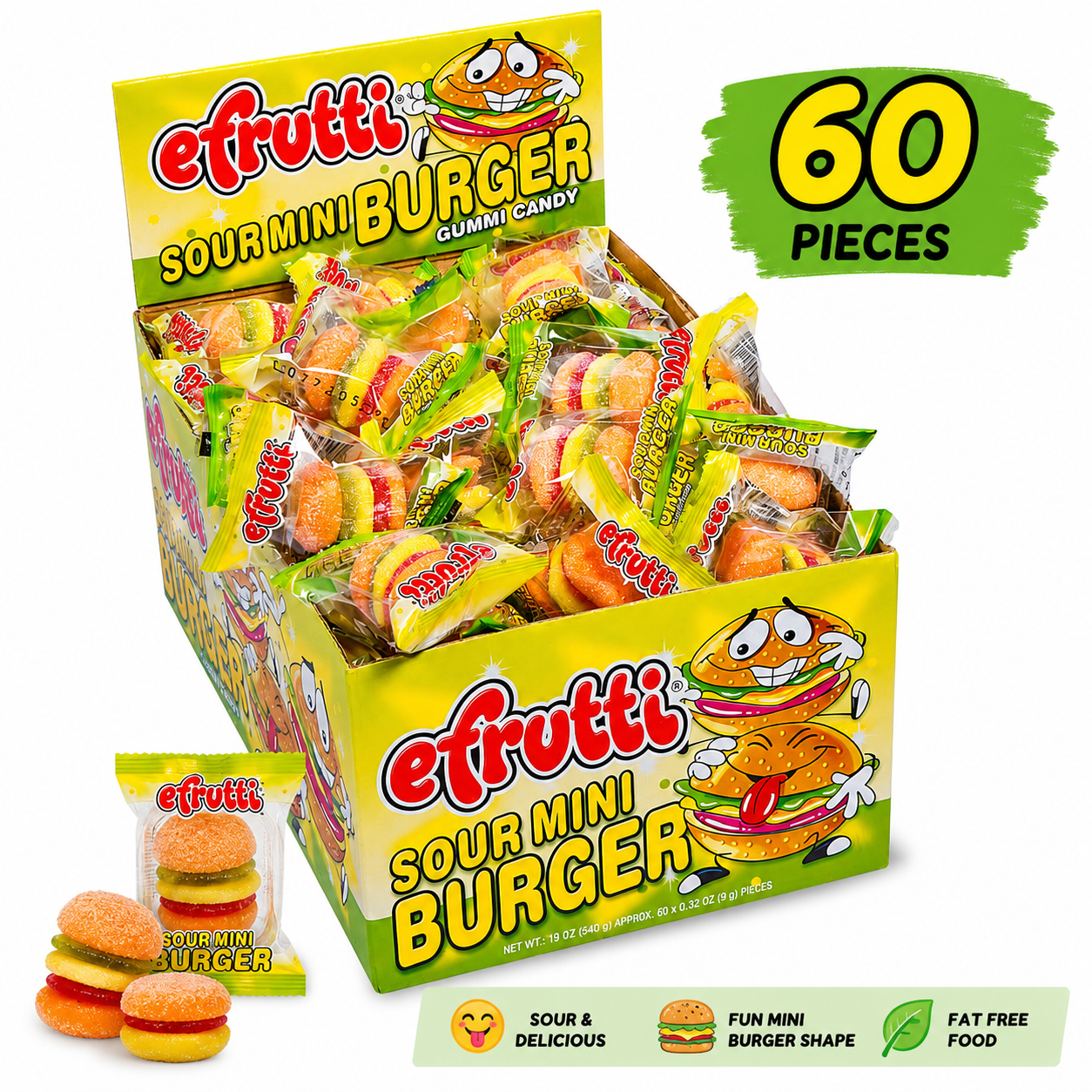 Efrutti Burger Sour Gummi Candy-60Pk
