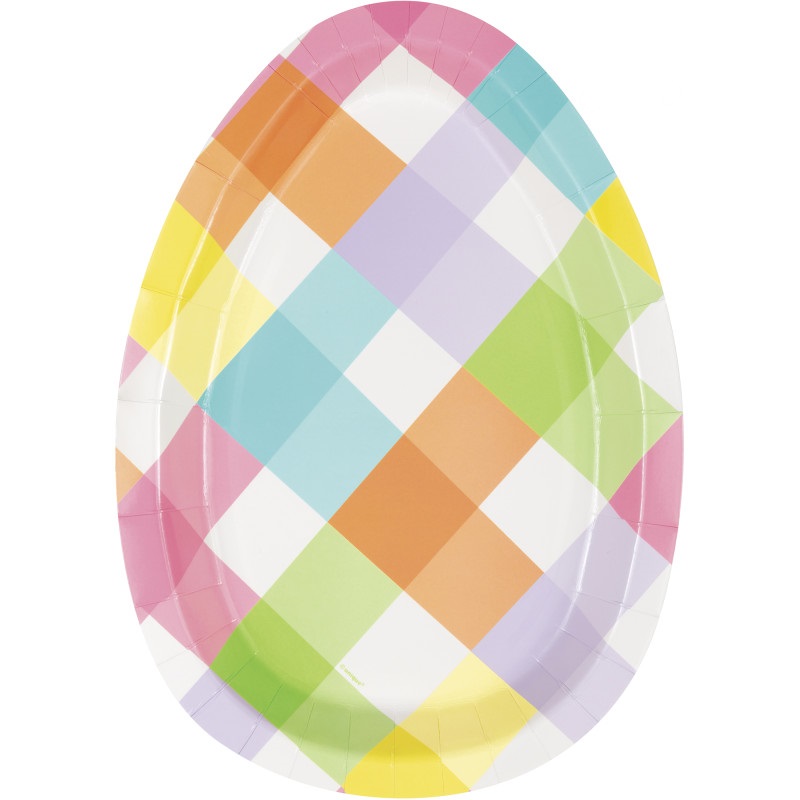 Jumbo 31cm Easter Egg Spring Gingham Shaped Easter Plates - 8 PK