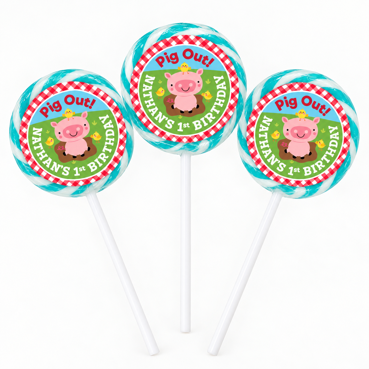 Barnyard 1st Bday PERSONALIZED Lollipops - 12 Pk