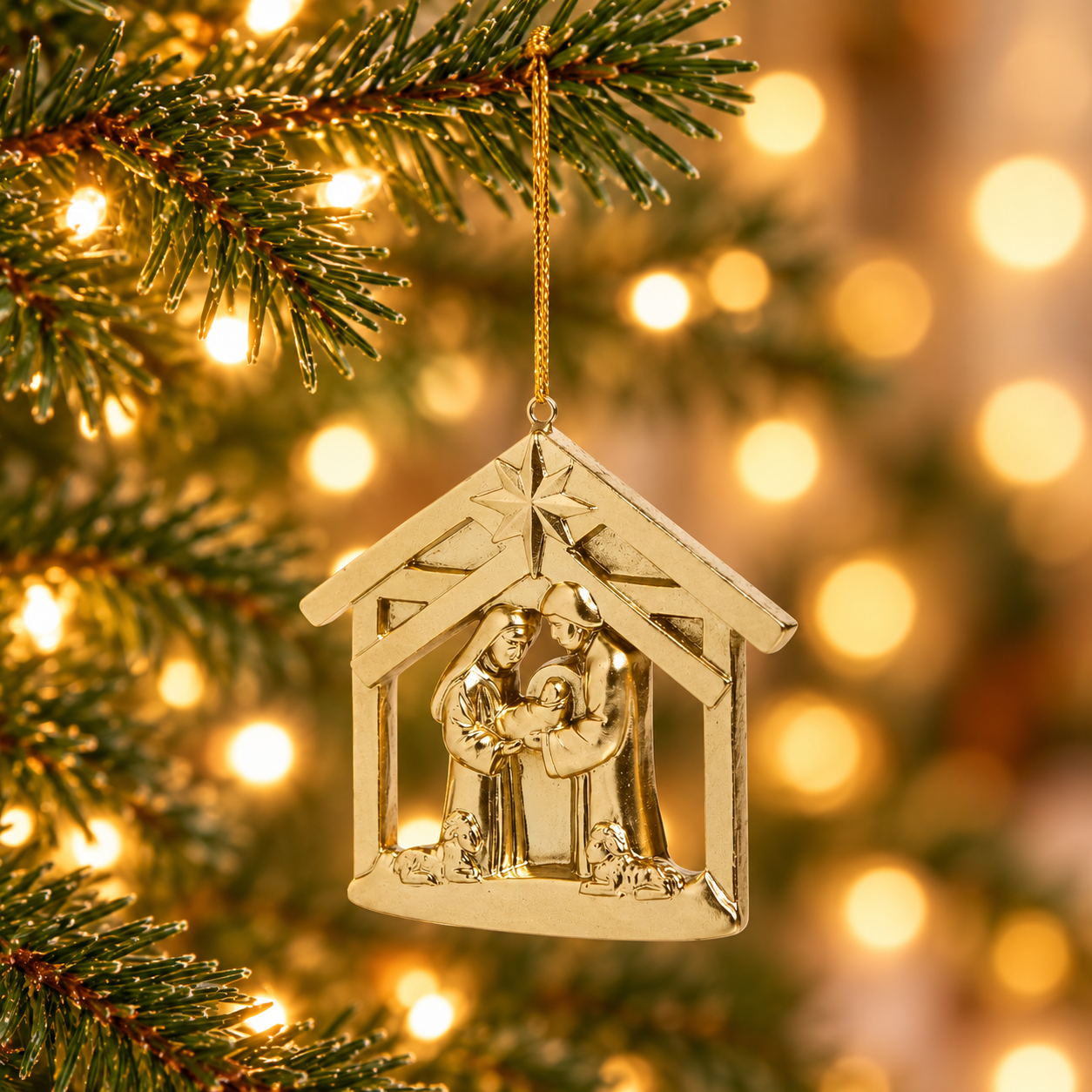 Gold Nativity Manger Christmas Ornament