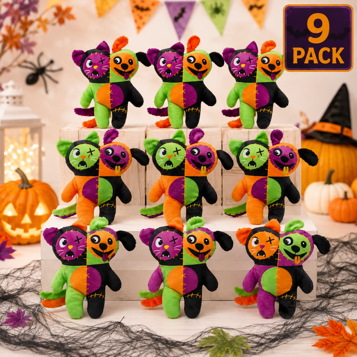 Halloween Plush Cat & Dog Stitched Monsters-9Pk