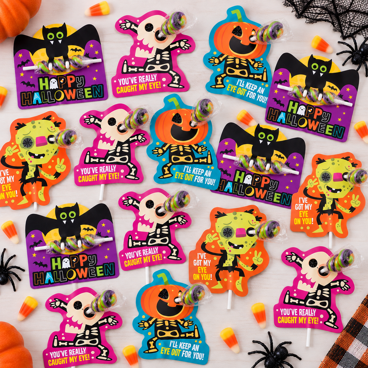Happy Halloween Treat Cards w/ Wrapped Twisty Lollipops - For 30 Kids