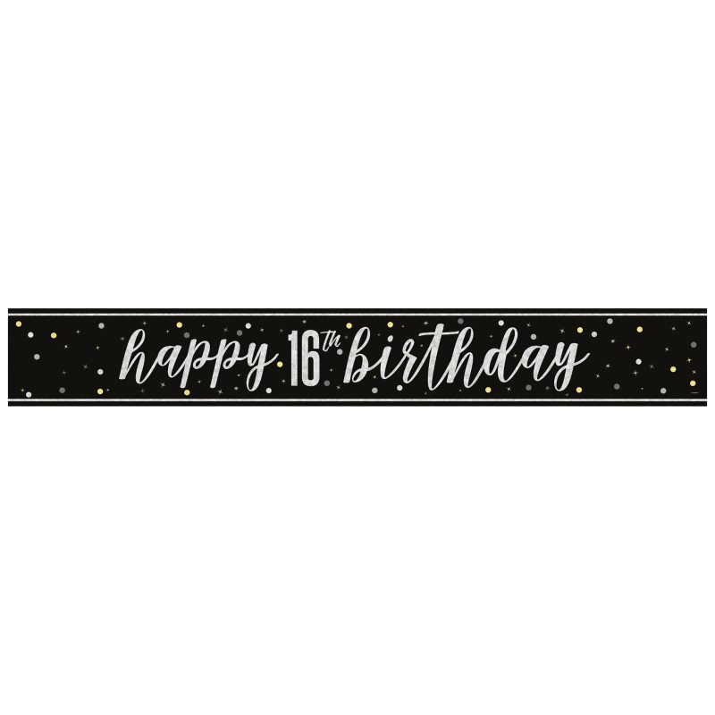 Black and Silver Prismatic 16th Birthday 9FT Foil Banner