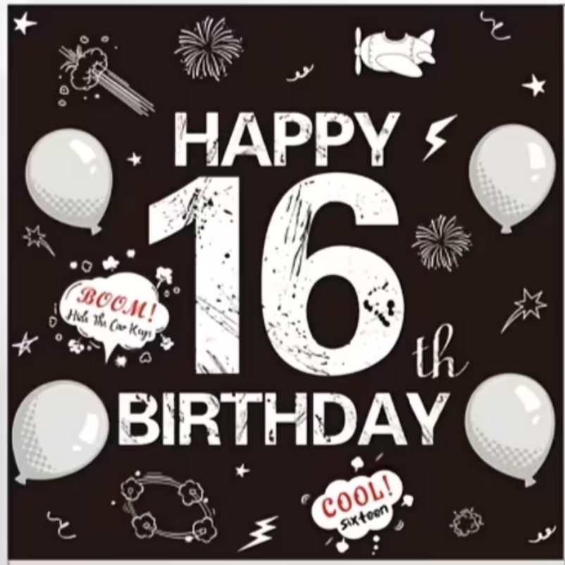 Happy 16th Birthday Black and White Lunch Napkins - 10 PK