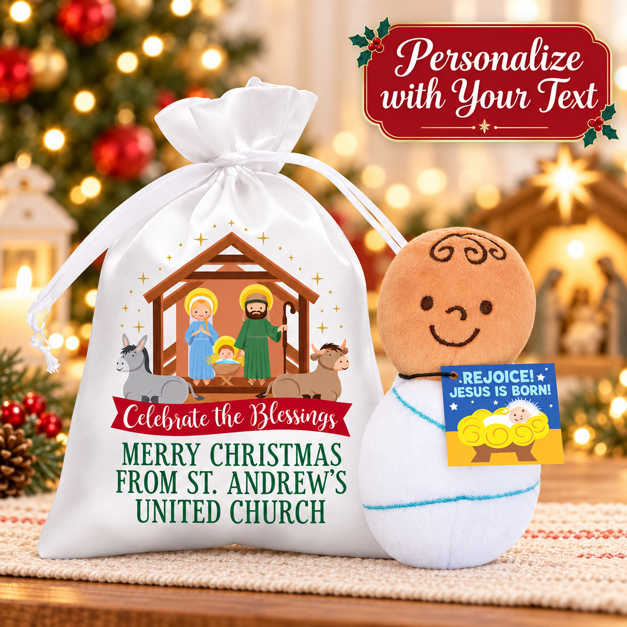 Personalized Satin Bag with Plush Baby Jesus