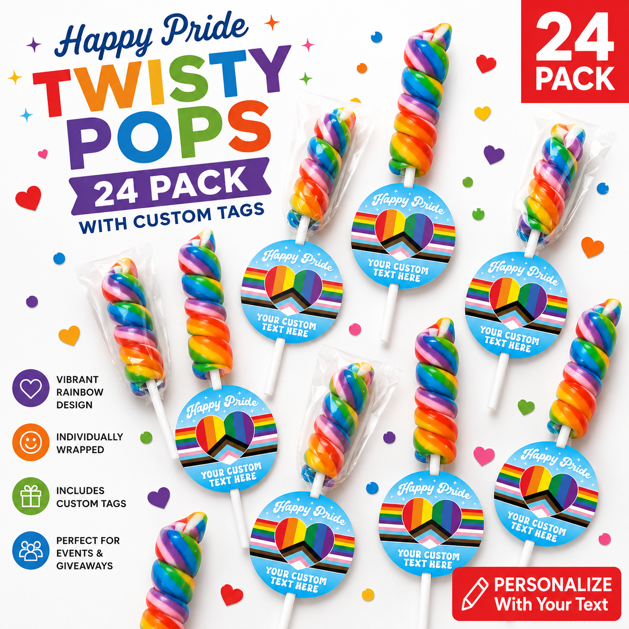 Pride Heart Personalized Rainbow Twisty Pops w/ Cards 24PK