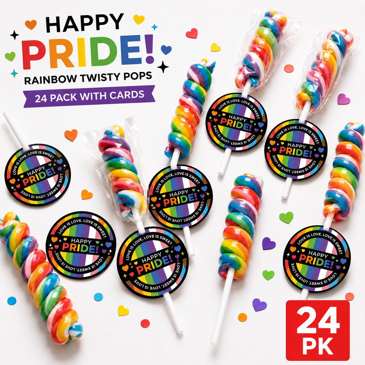 Happy Pride Rainbow Twisty Pops with Cards - 24 Pk
