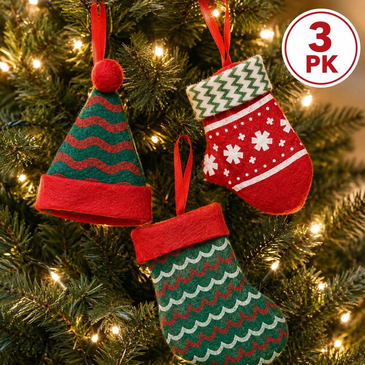 Christmas Hat, Sock & Mitten Ornament Set - 3 Pack