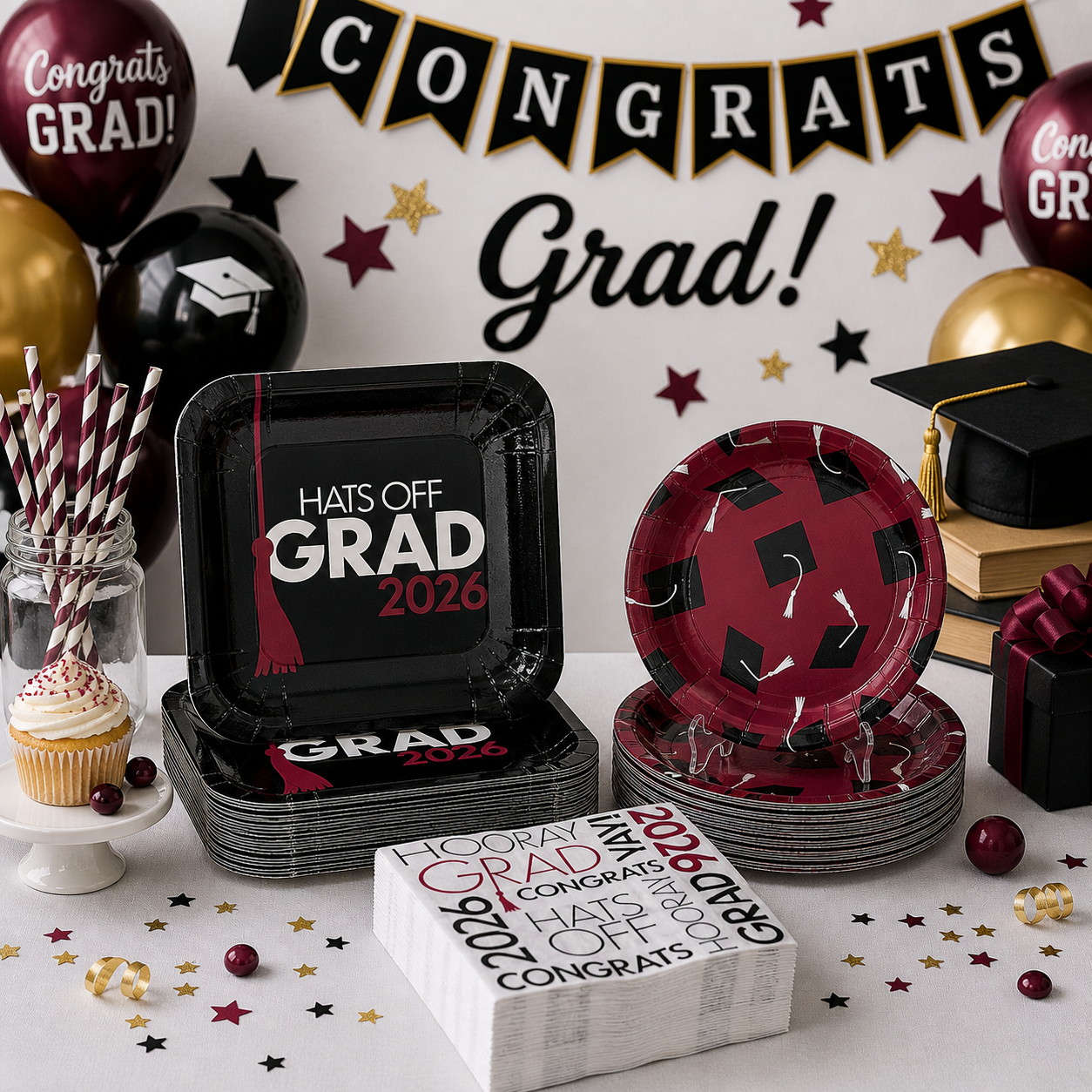 200 Pc. Burgundy Grad 2026 Party Pack for 50
