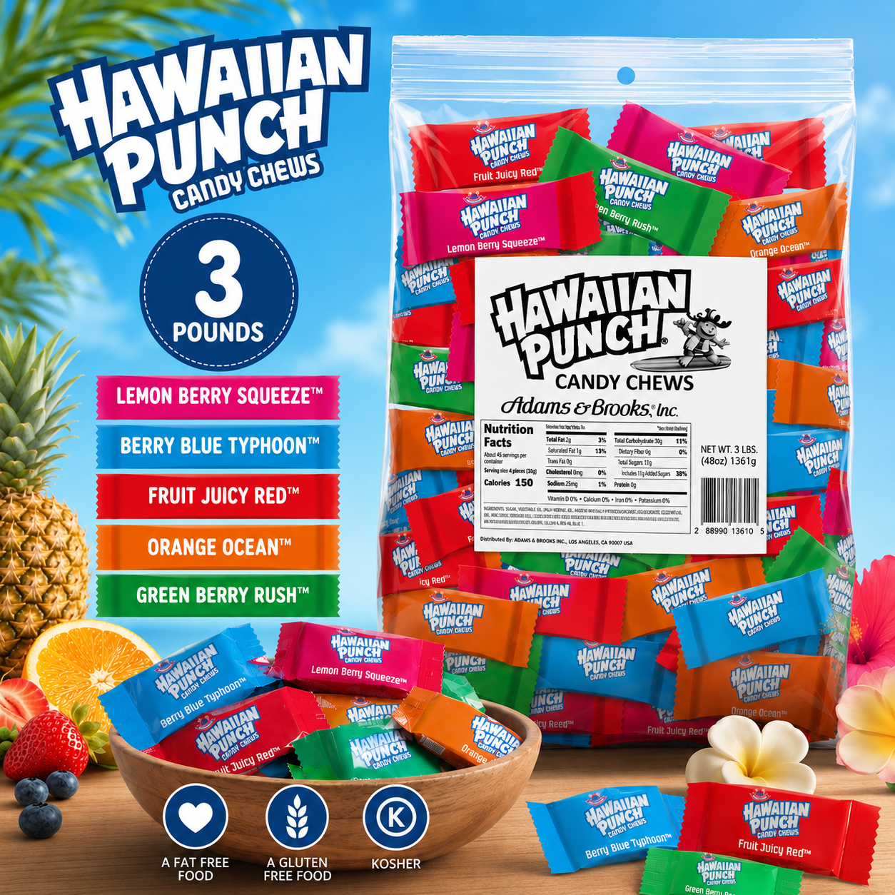 Hawaiian Punch Candy Chews 3lb Assortment-168Pcs