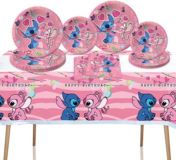 Stitch and Angel Pink Happy Birthday Plastic Tablecover