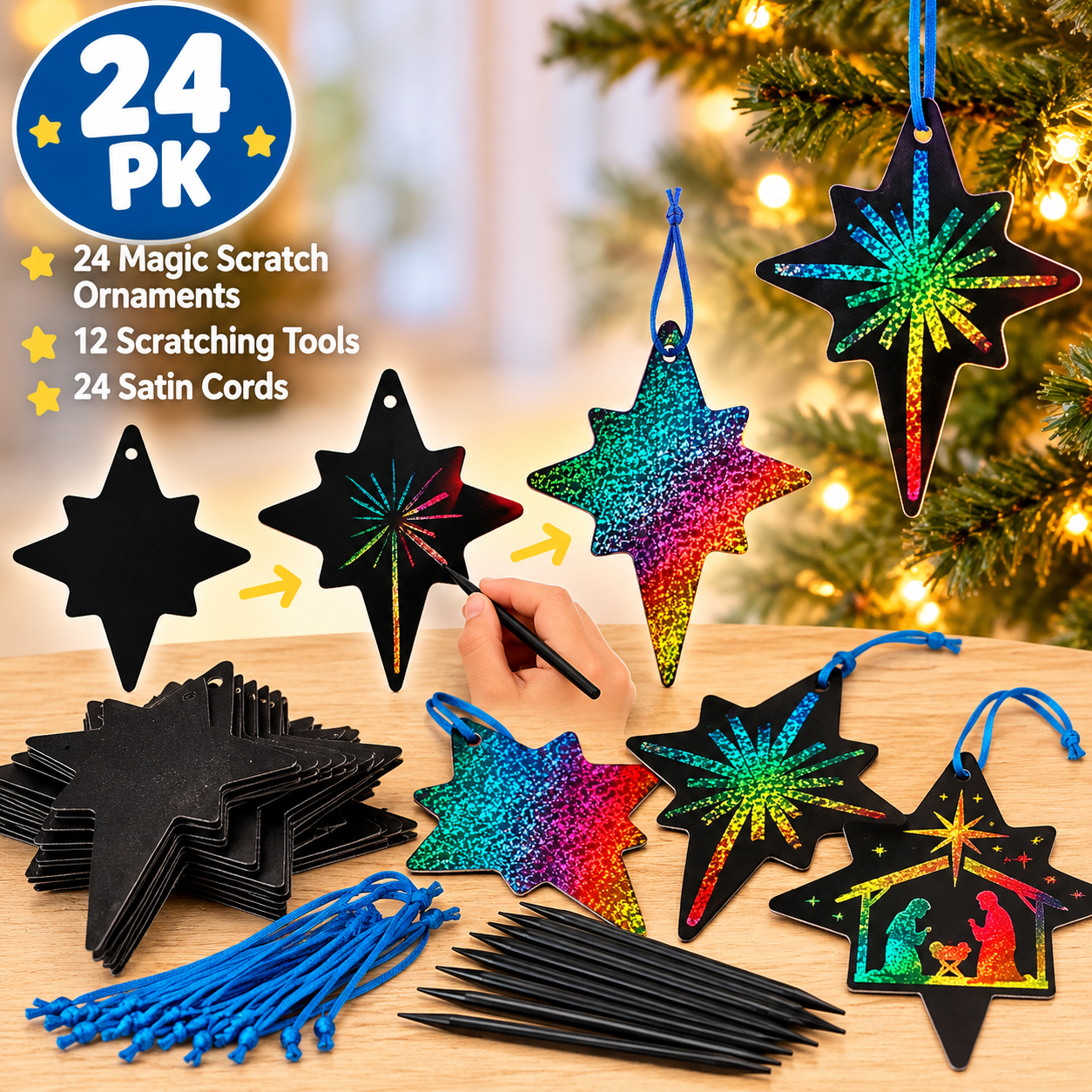 Magic Scratch Nativity Star Ornaments-24Pk