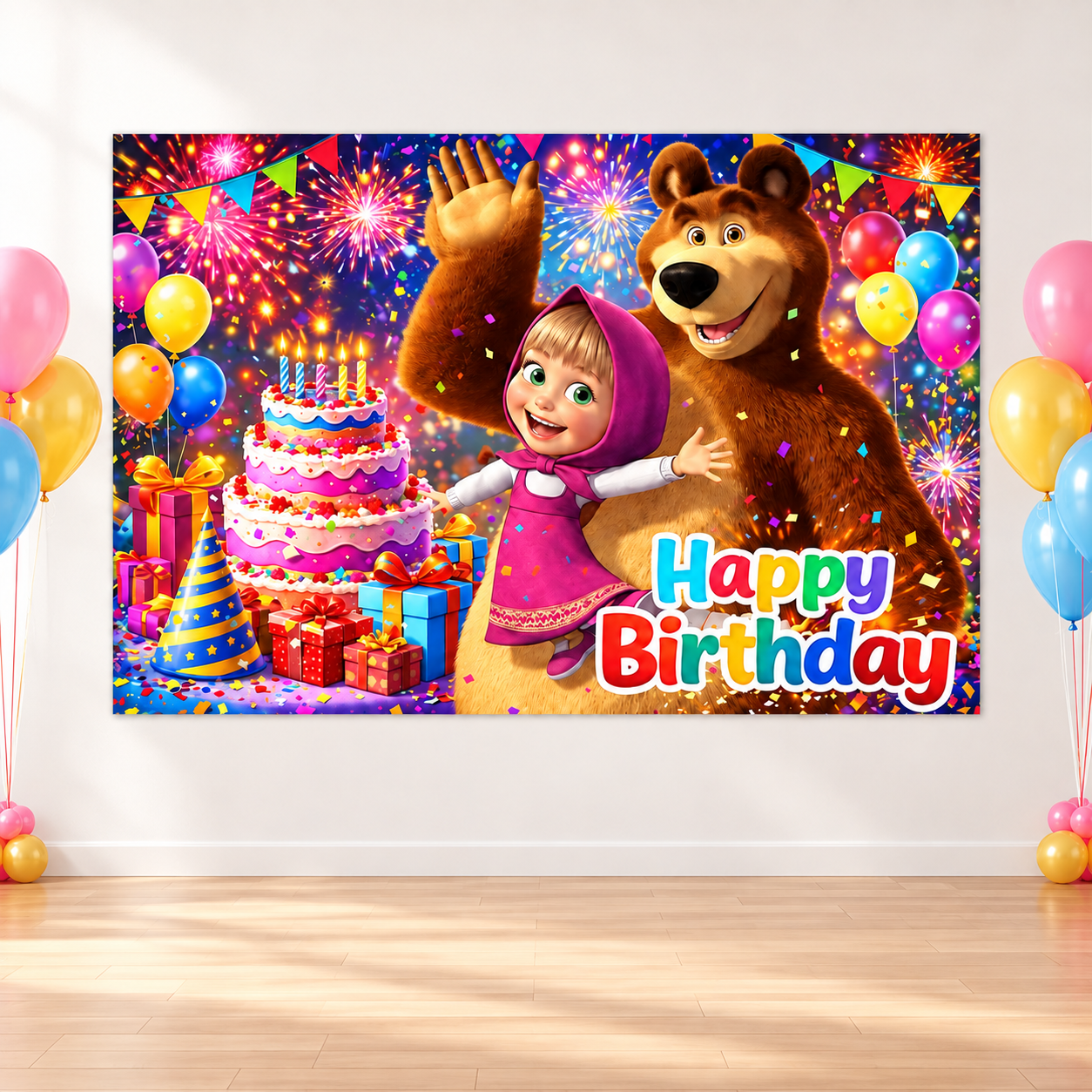 Masha & the Bear Birthday Big Fabric Backdrop 180cm x 110cm