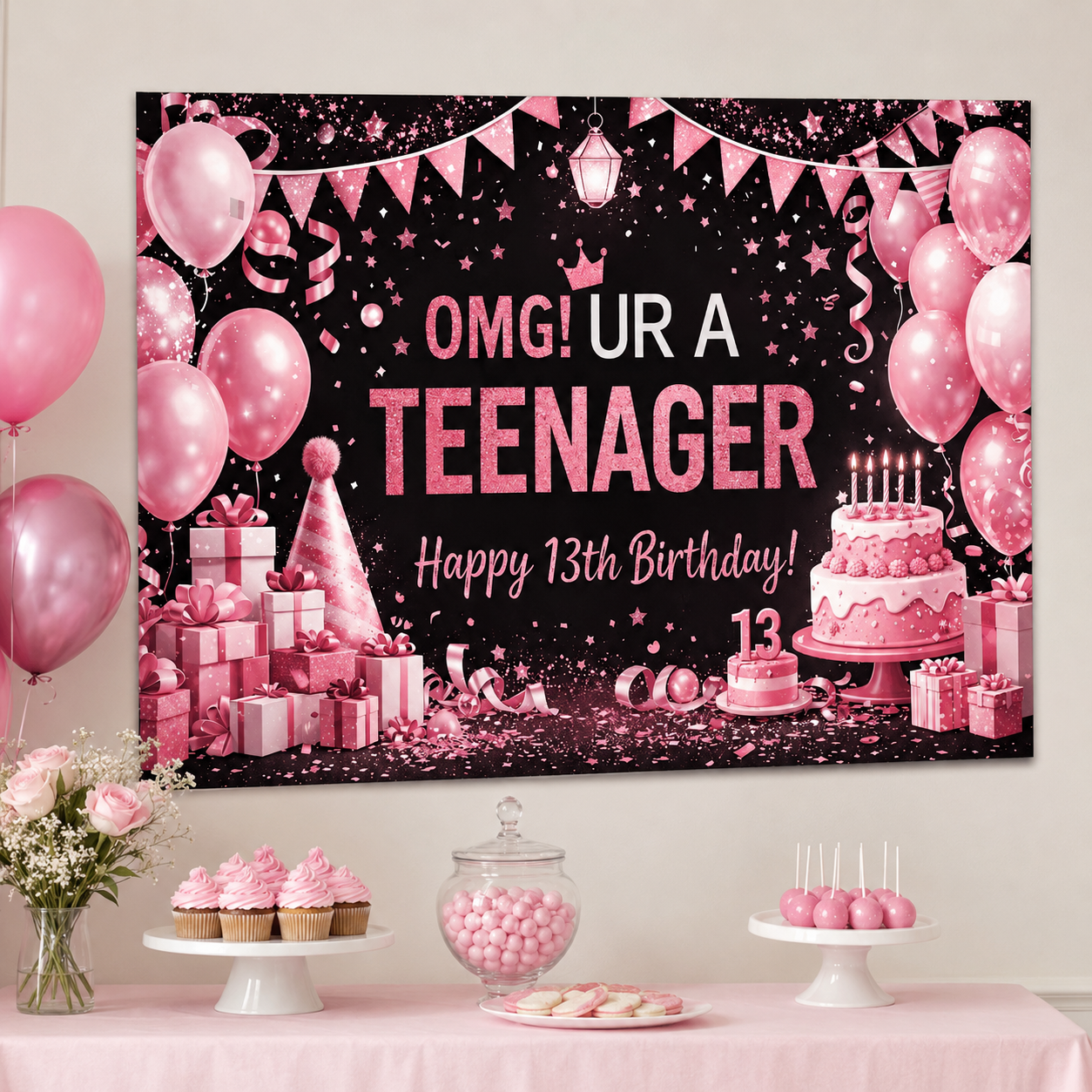 OMG You're A Teenager 13th Birthday Pink Backdrop 100 x 75 cms