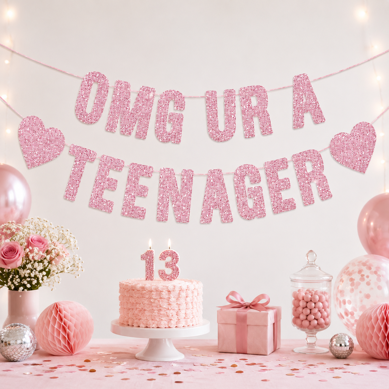 OMG UR A TEENAGER Pink Glitter Banner