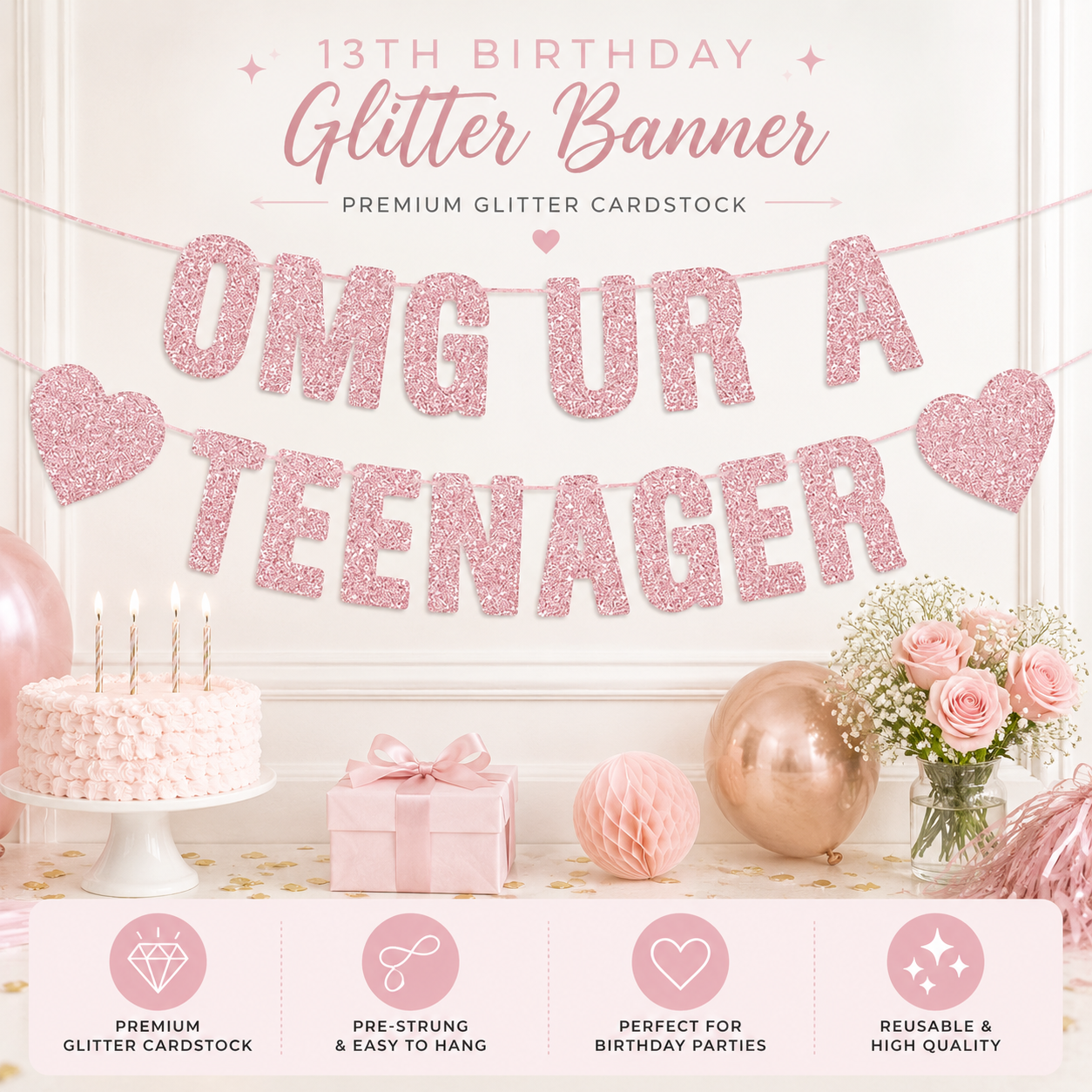 OMG UR A TEENAGER Pink Glitter Banner
