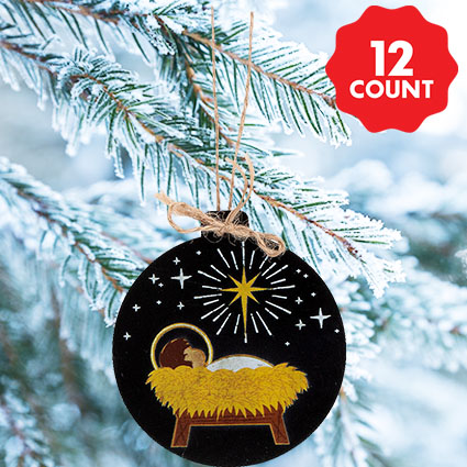 Baby Jesus with Star Wood Ornaments - 12Pk