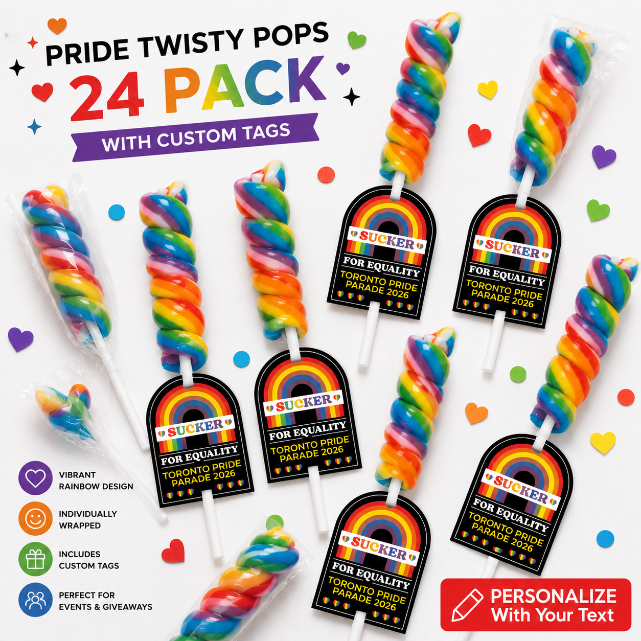 Pride Sucker for Equality Personalized Rainbow Twisty Pops with Cards 24 Pk
